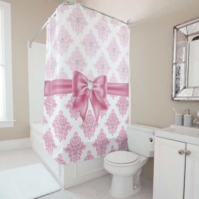 Eelegant Glam Pink Bow Diamonds Damask  Shower Curtain (In Situ)