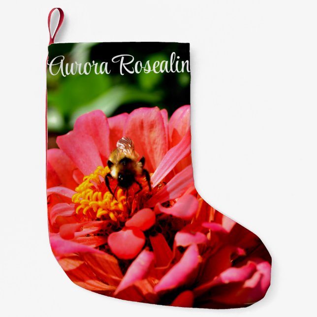 Eelgant red floral photo bumblebee small christmas stocking (Front)