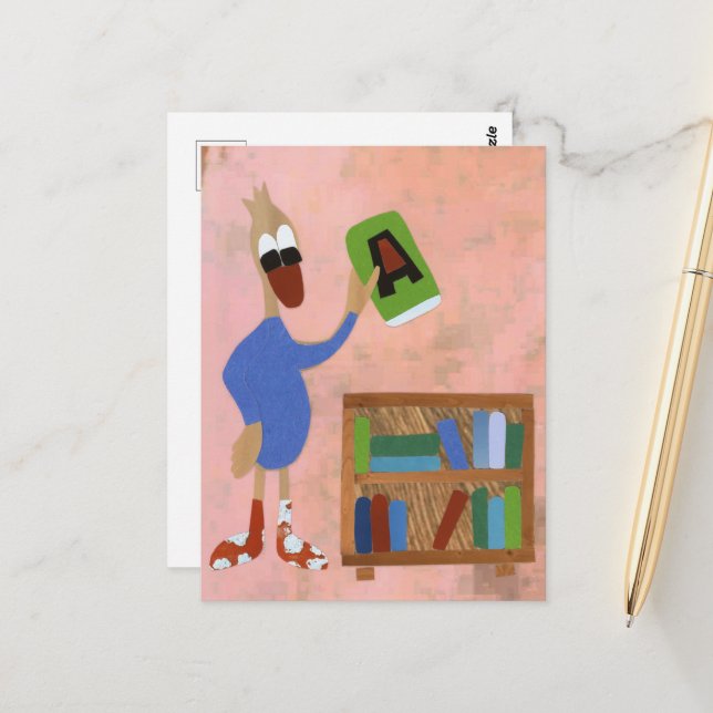 Eend with book likes to read retirement bookcase postcard (Front/Back In Situ)