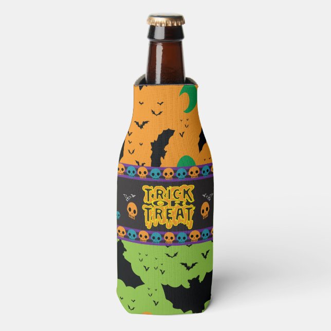 Eerie Bats and Moon Orange Green Skulls Bottle Cooler (Bottle Front)