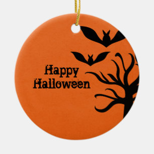 Eerie Bats Halloween Ornament, Orange Ceramic Tree Decoration