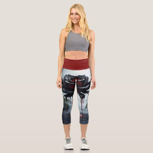 Eerie black rose red capri leggings
