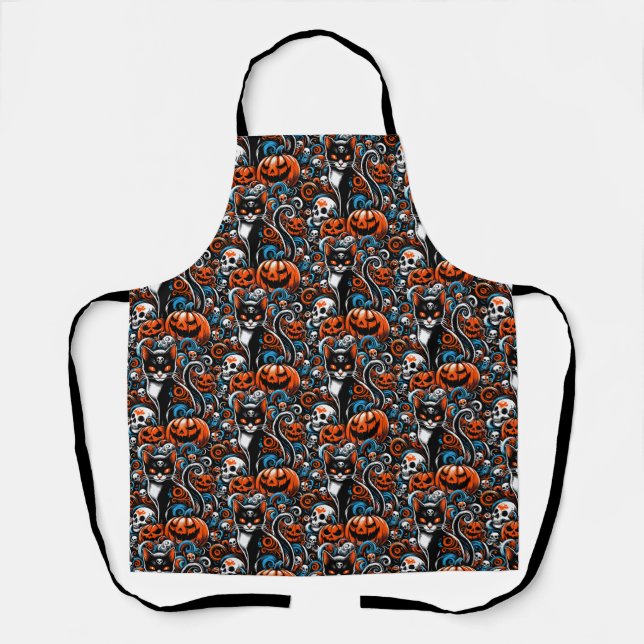 Eerie Cat Skulls Halloween Apron (Front)