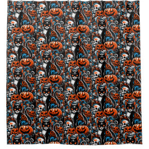 Eerie Cat Skulls Halloween Shower Curtain