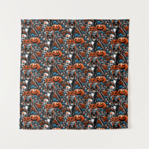 Eerie Cat Skulls Halloween Tapestry