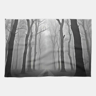 Eerie Foggy Forest Path Art Tea Towel