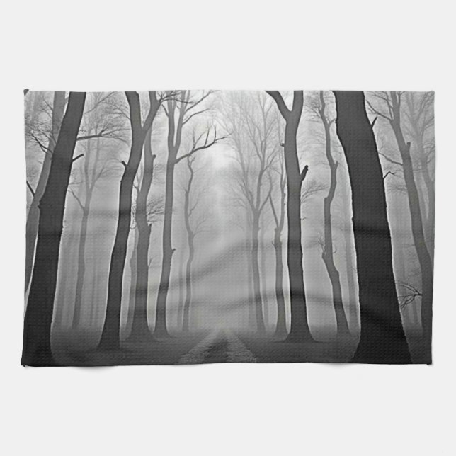 Eerie Foggy Forest Path Art Tea Towel (Horizontal)