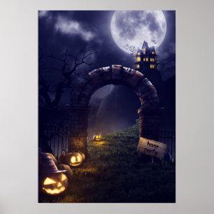 Eerie Halloween Night Full Moon & Haunted House    Poster