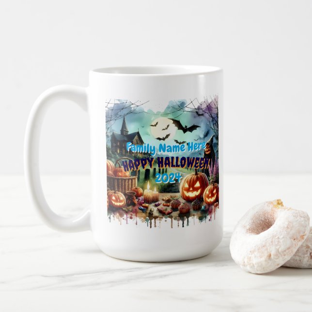 Eerie Halloween Night Watercolor Coffee Mug (With Donut)