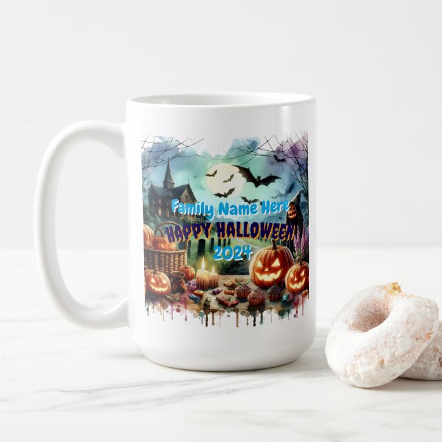 Eerie Halloween Night Watercolor Coffee Mug (With Donut)