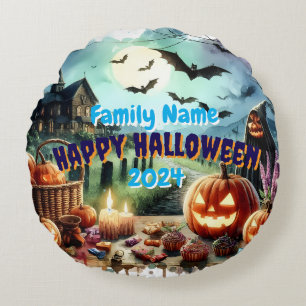 Eerie Halloween Night Watercolor Round Cushion