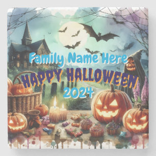 Eerie Halloween Night Watercolor Stone Coaster