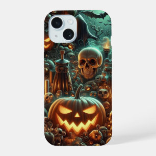 Eerie Halloween with Pumpkin, Potion and Skulls iPhone 15 Case