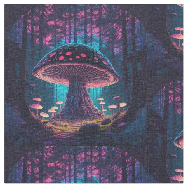 Eerie Magical Giant Toadstool in forest, purples,  Fabric (Close Up)