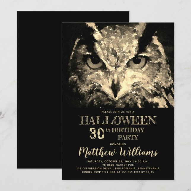 Eerie Night Owl Halloween 30th Birthday Party Invi Invitation (Front/Back)