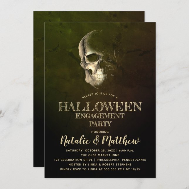 Eerie Night Skull Halloween Engagement Party Invit Invitation (Front/Back)