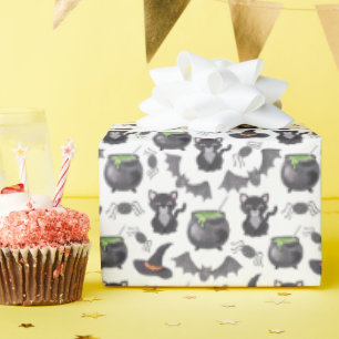 Eerie Night Spooky Witch Cat Halloween Pattern Wrapping Paper