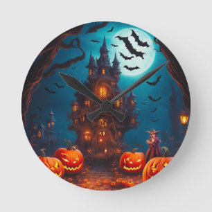 Eerie Nightfall Fantasies: Spooky Castle Round Clock