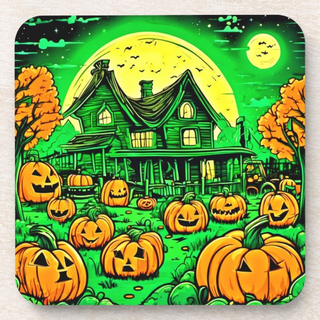 Eerie Nightfall: Halloween Cartoon Pumpkin Patch Coaster (Front)