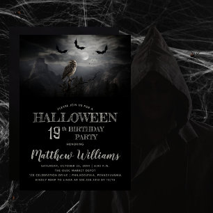 Eerie Owl Bats Night Halloween 19th Birthday Party Invitation