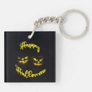 Eerie pumpkins with yellow Happy Halloween Key Ring