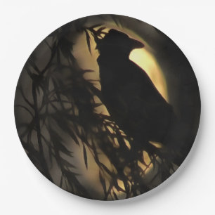 Eerie Raven Silhouette Against A Glowing Moon Paper Plate