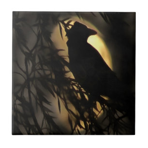 Eerie Raven Silhouette Against A Glowing Moon Tile