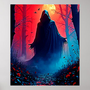 Eerie Shadow in Crimson Woods Design Poster