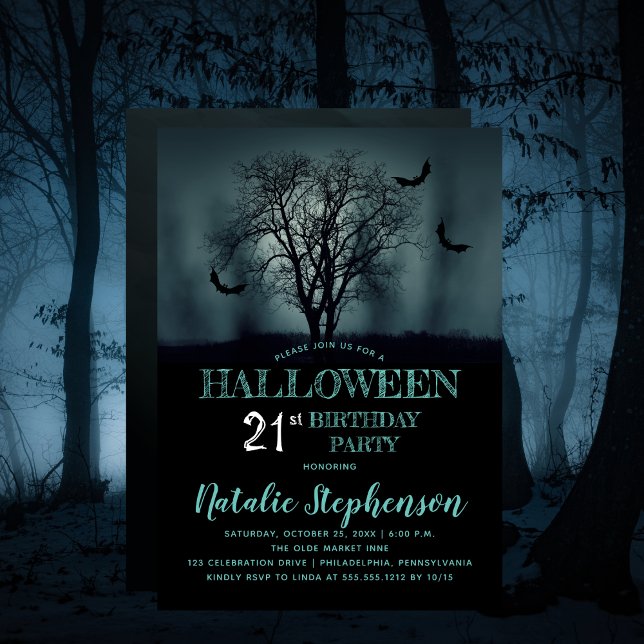 Eerie Tree Bats Halloween 21st Birthday Party  Invitation (Eerie Tree and Bats Halloween 21st Birthday Party Invitation)