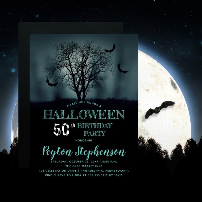 Eerie Tree Bats Halloween 50th Birthday Party Invitation (Beware the erie creepy, spooky night with bats -- Halloween-themed 50th Birthday Party design.  )