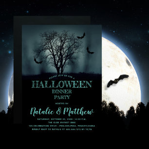 Eerie Tree Bats Night Halloween Dinner Party Inv Invitation