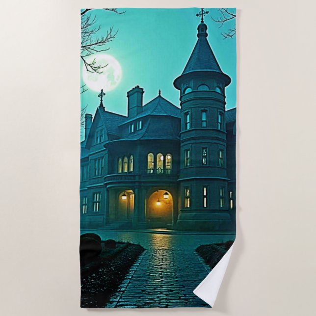 Eerie Victorian Mansion Moonlight Beach Towel (Front)