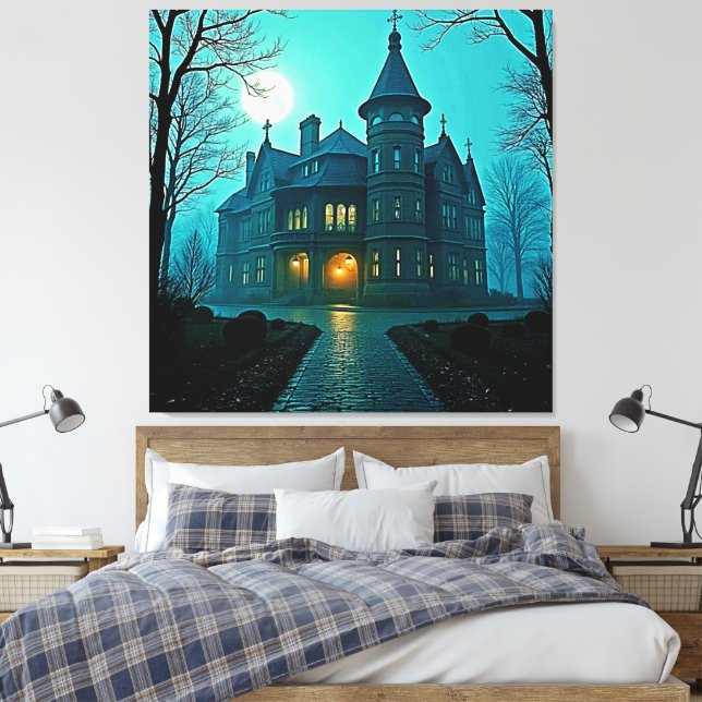 Eerie Victorian Mansion Moonlight Canvas Print (Insitu(Bedroom))