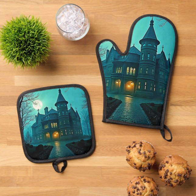 Eerie Victorian Mansion Moonlight Oven Mitt & Pot Holder Set (Top Down)