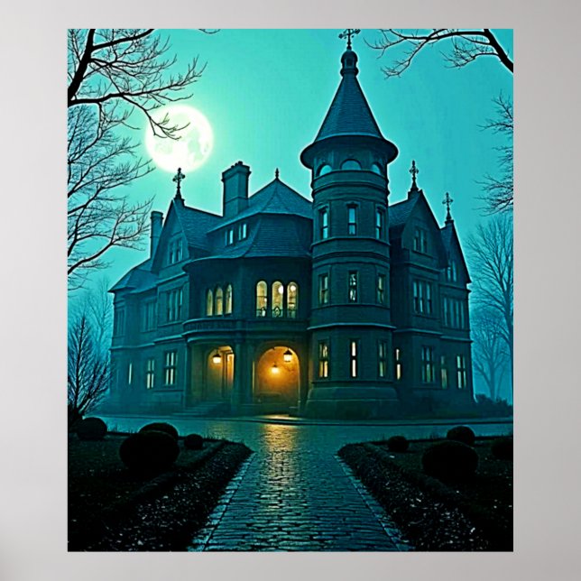 Eerie Victorian Mansion Moonlight Poster (Front)