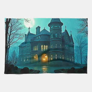 Eerie Victorian Mansion Moonlight Tea Towel