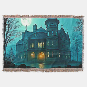 Eerie Victorian Mansion Moonlight Throw Blanket