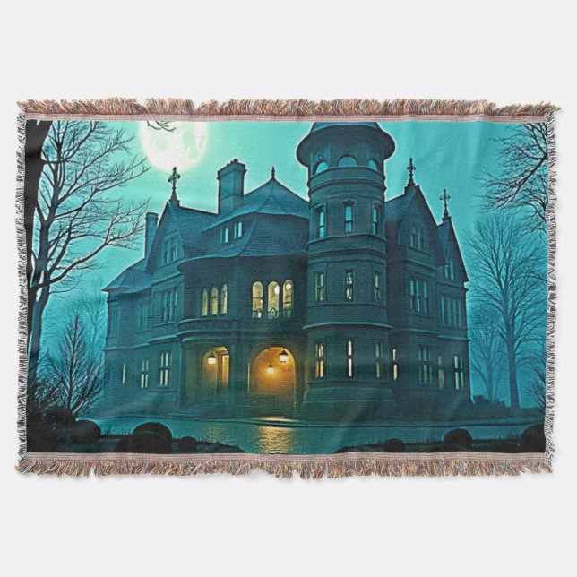 Eerie Victorian Mansion Moonlight Throw Blanket (Front)