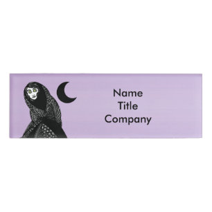 Eerie Witch Woman Black White Dress Crescent Moon Name Tag