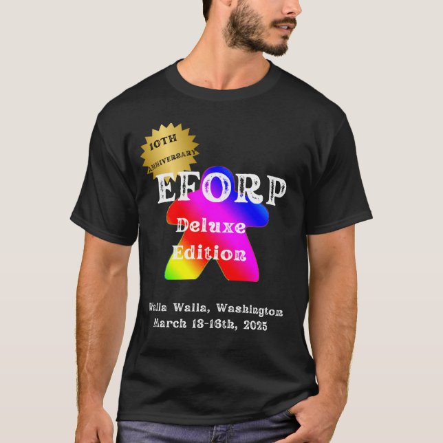 EFORP 2025 Official Rainbow Meeple T-Shirt (Front)