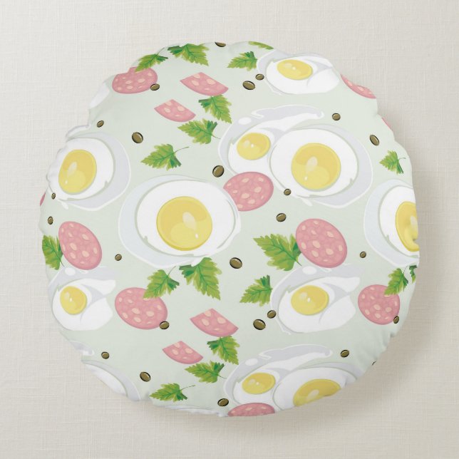 Egg and Sausage Pattern Round Cushion (Front)