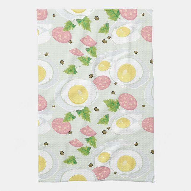 Egg and Sausage Pattern Tea Towel (Vertical)