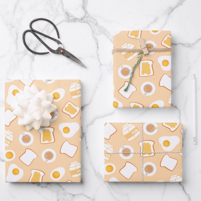 Egg, Bread, Milk, Coffee Breakfast Pattern Wrapping Paper Sheet (Front)