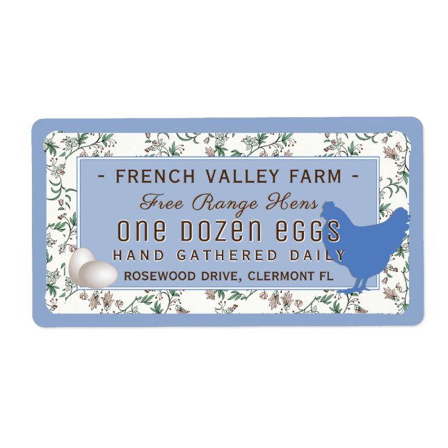 Egg Carton Label Botanical Hen Eggs Blue Farmhouse (Front)