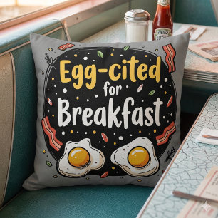 Egg-cited for Breakfast Funny Foodie Pun Design Cushion