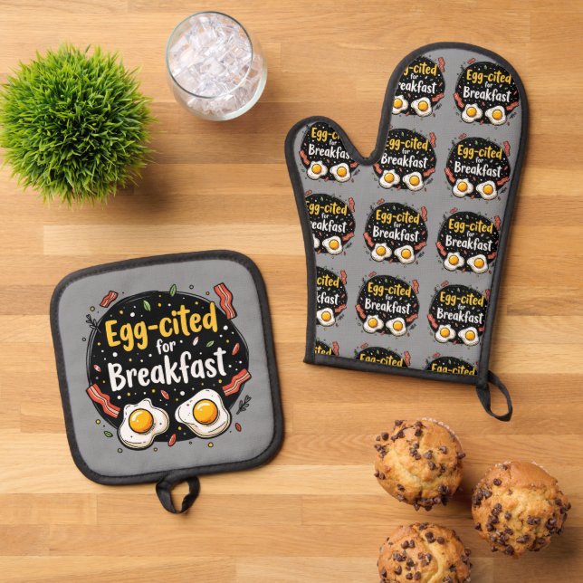 Egg-cited for Breakfast Funny Foodie Pun Design Oven Mitt & Pot Holder Set (Top Down)