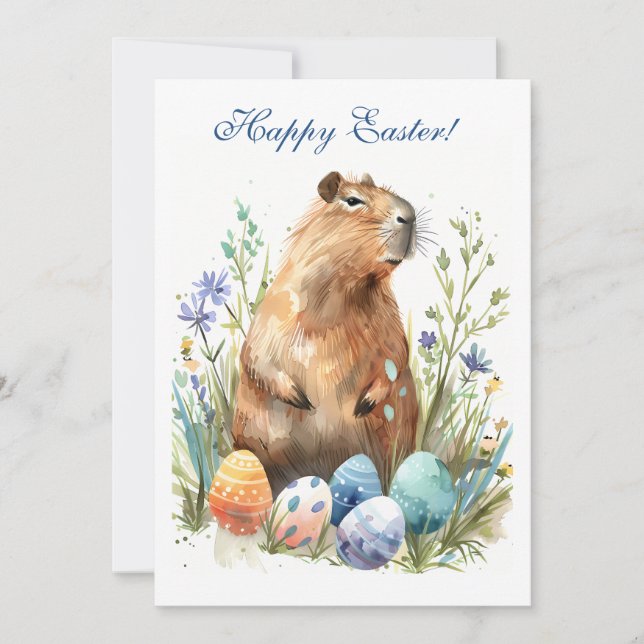 Egg-citing Easter Capybara: Quirky & Colourful Holiday Card (Front)