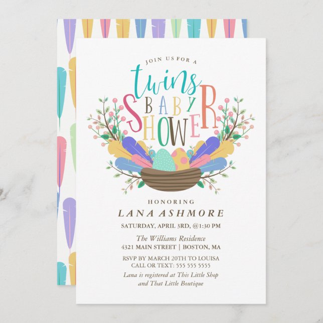 Egg & Colourful Feathers Twins Baby Shower Invitation (Front/Back)