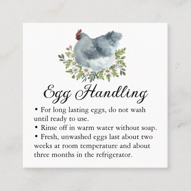 Egg Handling Care Instructions Floral Chicken Hen Square Business Card (Front)