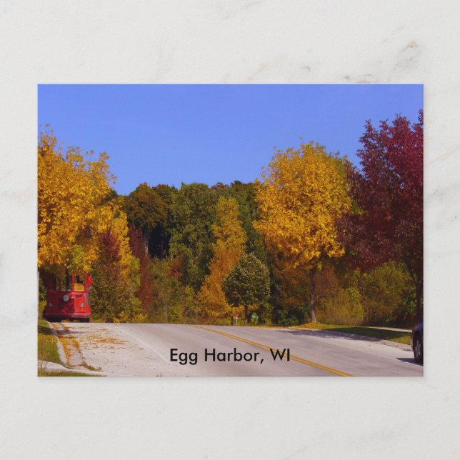 Egg Harbour, WI Fall Season & Trolley Car Postcard (Front)